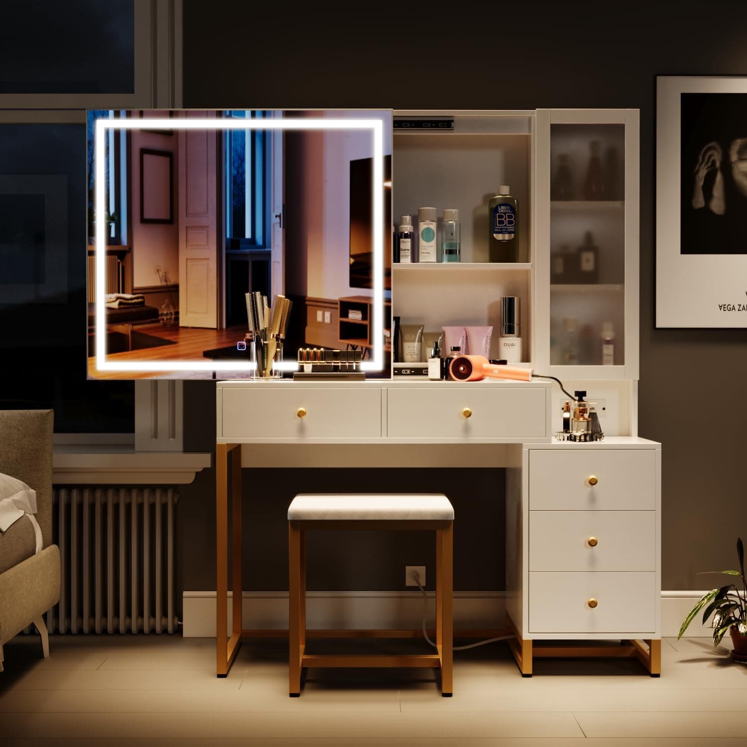 Extra Large Makeup Vanity Table with Sliding Lighted Mirror, Charging Station & Cushioned Stool, 5 Drawers Hidden Storage Modern Vanity Set with Nightstand for Bedroom