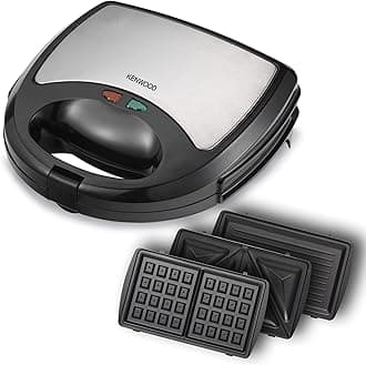 Kenwood Sandwich Maker 3 In 1 Sandwich, Grill/Griddle, Waffle, Dual Plate Press For Toasties, Easy To Use & Clean, Non-Stick Plates, Compact Size Bread Toaster Black/Metal Smm01.Aobk