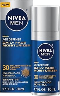 NIVEA MEN Age Defense Daily Face Moisturizer with Broad Spectrum SPF 30 Sunscreen, Pro-Retinol and Hyaluronic Acid, Beard-Friendly Face Lotion Helps Defend Against UVA/UVB Rays, 1.7 Fl Oz Bottle