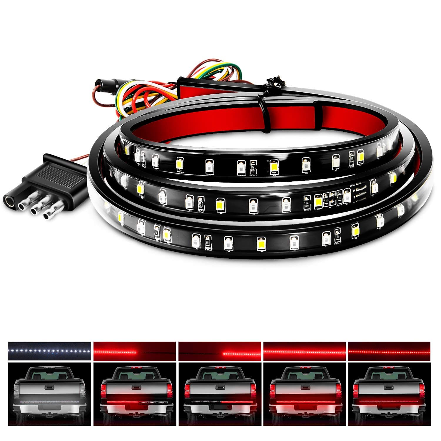 Nilight - Tr-11 48”/49” Led Tailgate Light Strip 90 Red/White For Running Brake Turn Signal Lights Reverse Light，2 Years Warranty, 48"/49" Truck Bar