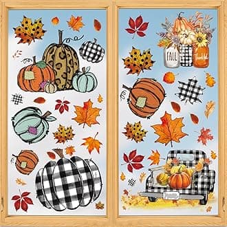 Horaldaily 108 PCS Fall Window Cling Sticker, Thanksgiving Autumn Harvest Colorful Pumpkin Truck Leaves for Home Party Supplies Shop Window Glass Display Decoration