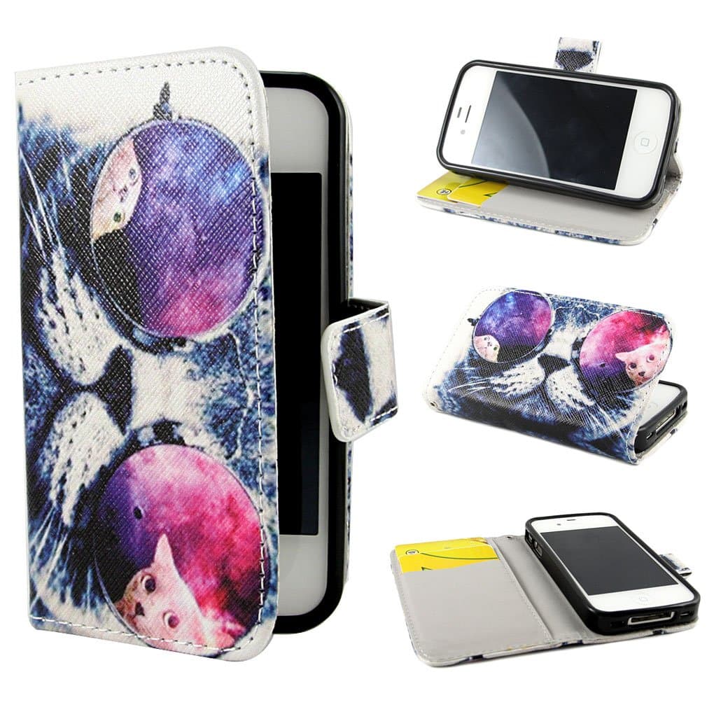 iphone 4s case, TJA Cool Cat Design Wallet PU Leather Stand Flip Case Cover for Apple iphone 4 4S