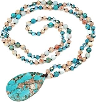 Long Necklaces for Women Boho, Oval Waterdrop Turquoise Pendant, Natural Stone Beaded, Handmade,Vintage & Elegance, Boho Fashion Charm Beaded Necklace for Women