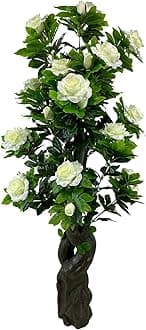 Artificial Rose Tree, 5.6ft White Faux Rose Tree with Green Leaves for Living Room Office Home Outdoor Indoor Decor