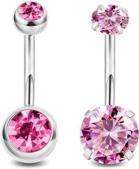 NICEIGHT 2PCS 14G Surgical Steel Belly Button Rings for Women Round CZ Navel Ring Long Belly Rings Belly Piercing Jewelry 6-16MM