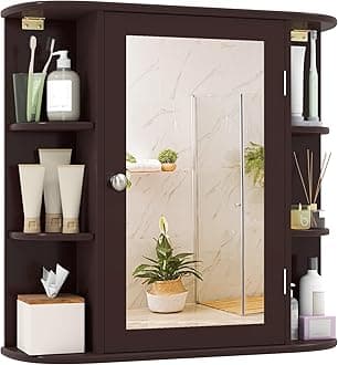 Tangkula Bathroom Medicine Cabinet with Mirror, Modern Wall Mounted Space-Saving Storage Organizer with Mirrored Door, 4 Internal Shelves & 6 Open Side Shelves, Bathroom Wall Cabinet (Coffee)