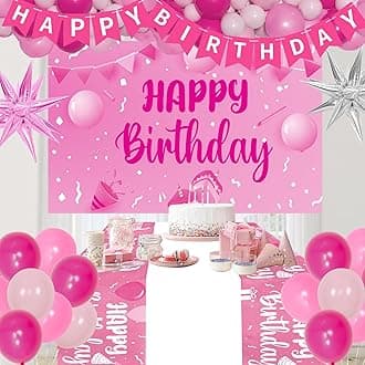 Pink Birthday Decorations for Women Girls, 96PCS Hot Pink Party Decorations Happy Birthday Banner Backdrop Star Silver Rose Red Balloons Arch Tablecloth Balloon Garland Party Supplies