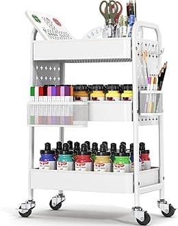 TOOLF Metal Rolling Storage Cart, 3-Tier Utility Mobile Cart with DIY Pegboards, Serving Trolley Cart with Baskets Hooks, for Kitchen, Bathroom, Office, Home, Classroom (Light White)