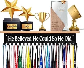 Premium Trophy and Medal Display Shelf 16inchL,Large Trophy Board Display,HE Believed HE Could SO HE DID Medal Hanger Display Shelf