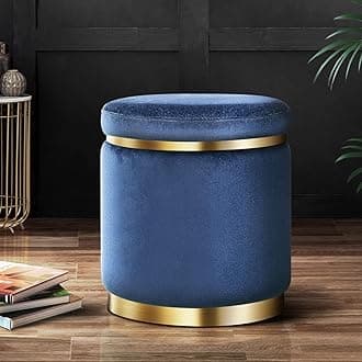 Upholstered Velvet Round Dual Strip Ottoman Office Stool Foot Rest Stool Linen Fabric Padded Seat Pouf Ottoman with Round Shape for Living Room (Dark Blue)