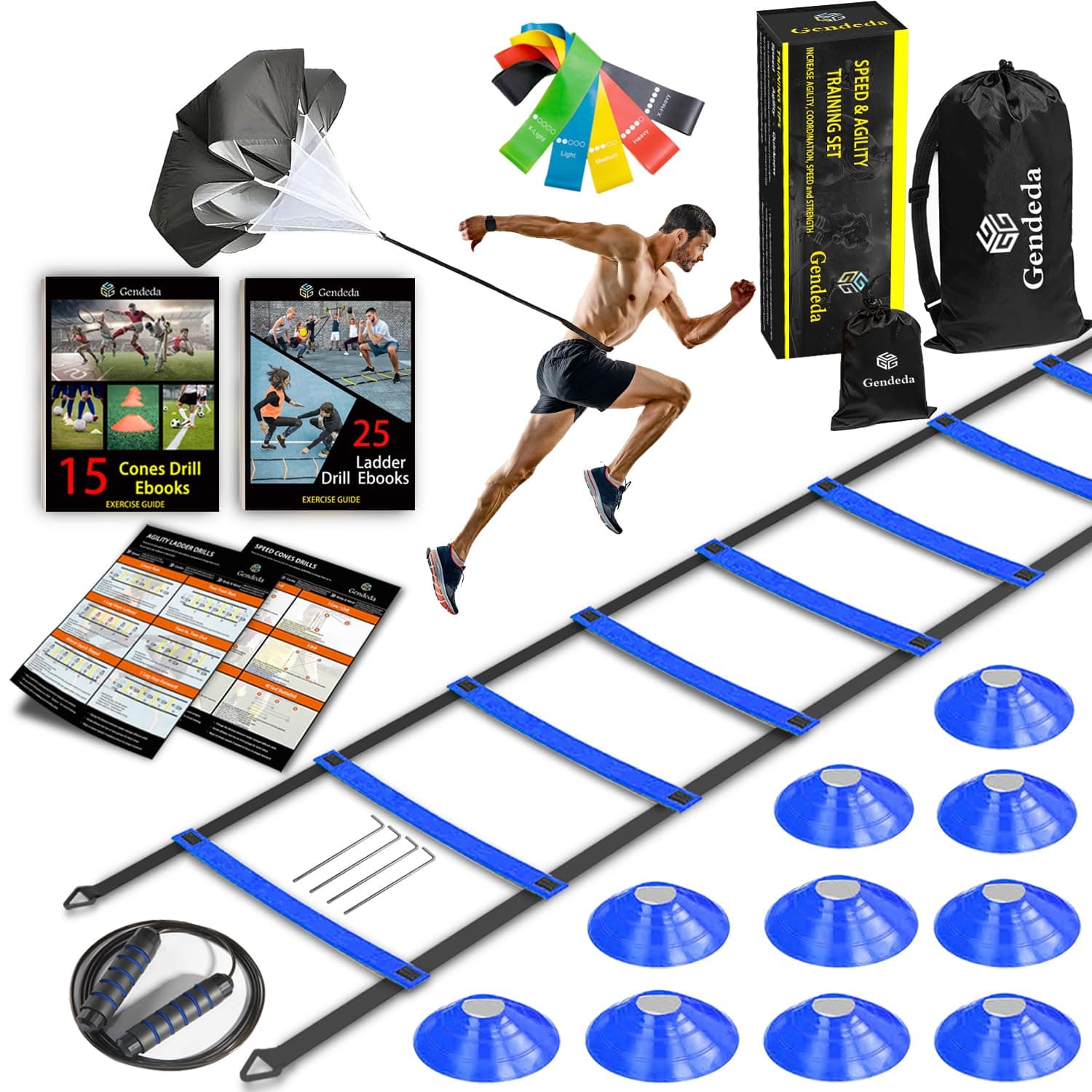 Gendeda Speed Agility Training Set, Includes Agility Ladder, Jump Rope, Resistance Parachute, 5 Resistance Bands, 10 Cones and Muscle Roller Stick, Speed Training Equipment for Soccer Football
