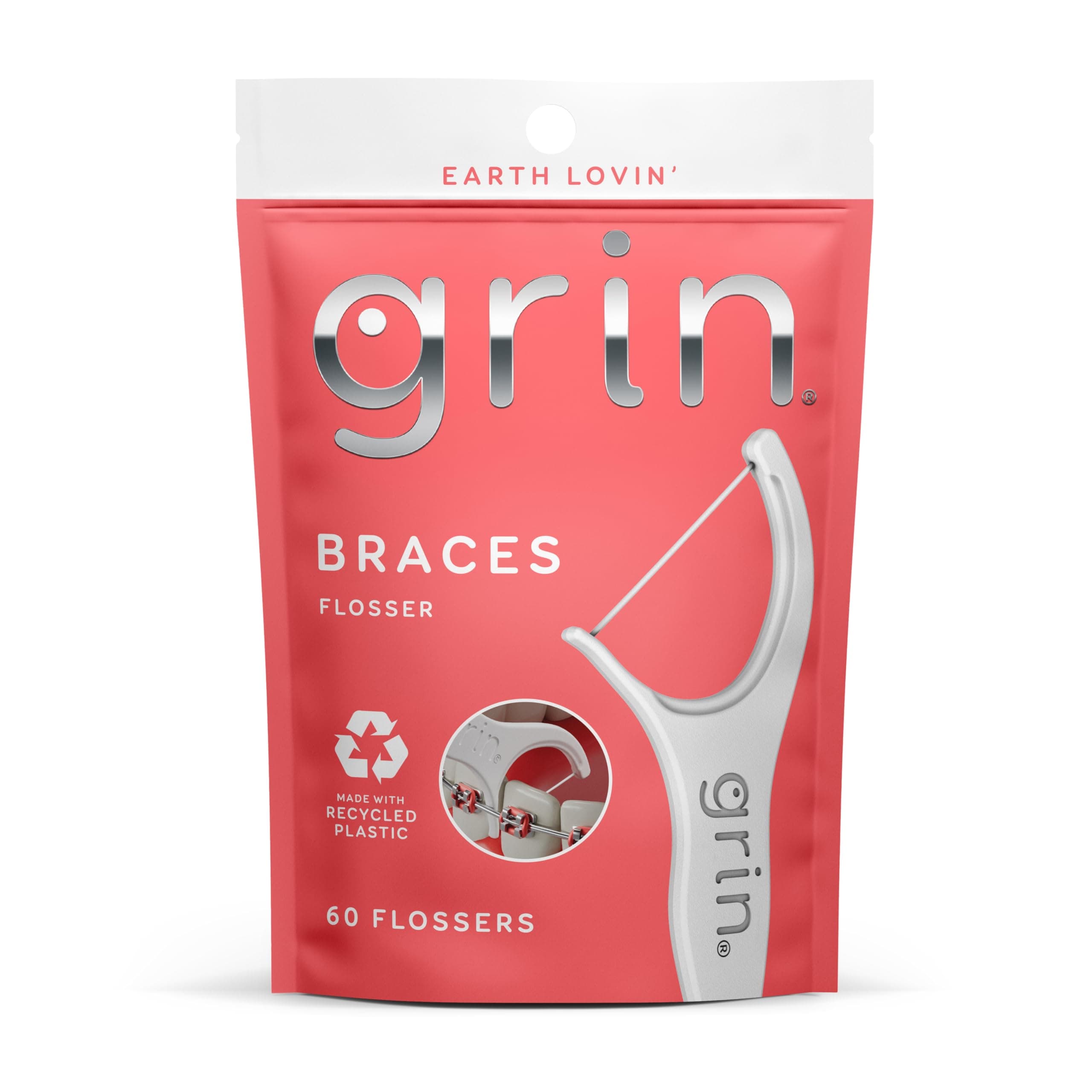 GRIN Braces Flosser, Floss Picks Designed for Braces, 60 Count, Dental Flossers, Recycled Plastic, Ortho Approved, Premium Thin Floss, Includes Handy Wax Scraper and Pick