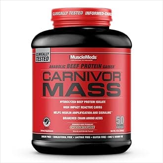 MuscleMeds CARNIVOR Mass Gainer Beef Protein Isolate Shake, 50 Grams Protein, 125 Grams Carbs, 0 Fat, 0 Sugar, Lactose Free, Chocolate Fudge, 5 Pound