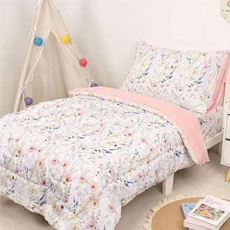 Toddler Bedding Set for Girls, 4 Piece Floral Toddler Comforter Set, Ultra Soft Baby Girl Crib Bed Bedding Includes Quilted Comforter, Flat Sheet, Fitted Sheet, Pillowcases, Pink Flower