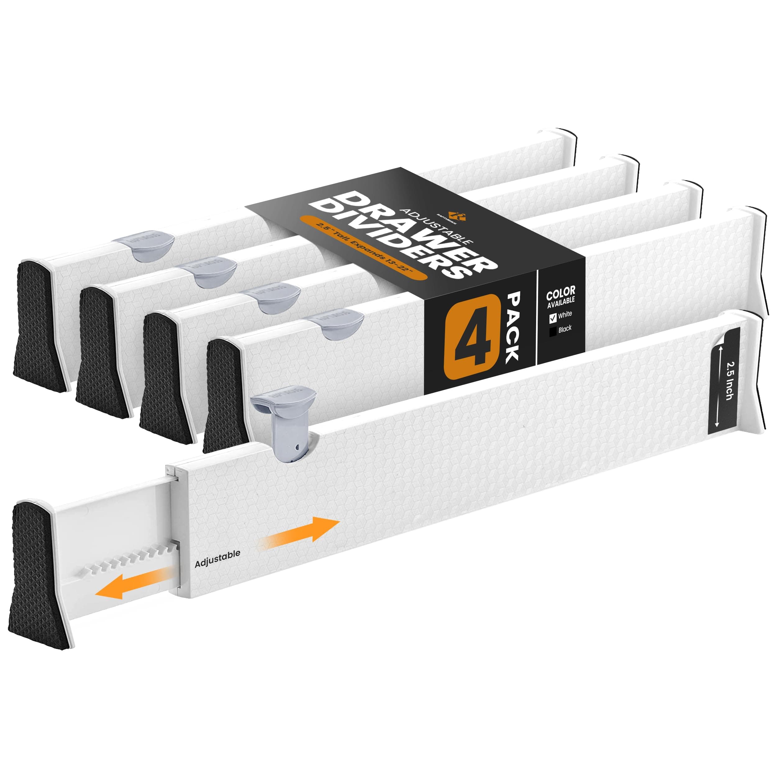 Rapturous 4 Pack Kitchen Drawer Divider - 2.5 Inch High and Expands from 13-22 Inch Adjustable Utensil Drawer Organization - Use for cutlery Silverware flatware and Bedroom, Bathroom or Office Drawers