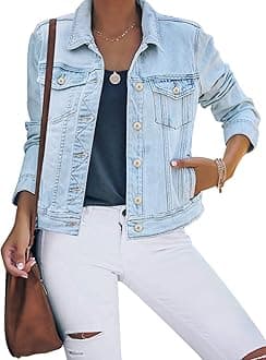 Women's Basic Button Down Stretch Fitted Long Sleeves Denim Jean Jacket