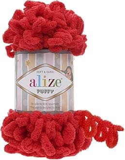 Alize Puffy Knitting Yarn 100 g, Patented Innovation, Loop Knitting without Needles, Colour: 56 Red