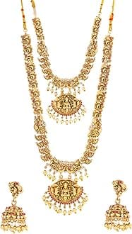 Yellow ChimesJewellery Set for Women Gold Plated Traditional Temple Jewelry Set Antique Necklace Set with Earrings and Maangtikka for Women and Girls