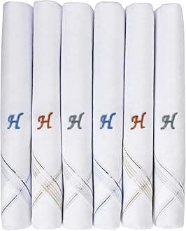 Men's Initial Monogram Embroidery 100% Pure Cotton Handkerchief White Base With Colored Border - Pack Of 6