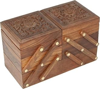 ITOS365 Wooden 5-in-1 Jewellery Box for Women - Wood Brown Finish | Handmade Jewellery Storage Ogranizer With Multiple Compartments & Carvings | Birthday & Valentine Gift For Women