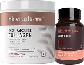 HealthKart HK Vitals Skin Radiance Collagen Supplement, 200 g and Biotin Supplement for Hair Growth and Glowing Skin, 90 Biotin Tablets (Combo Pack)