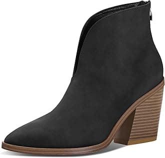 mysoft Women's V Cut Out Ankle Boots Slip On Pointed Toe Chunky Stacked Heel Booties