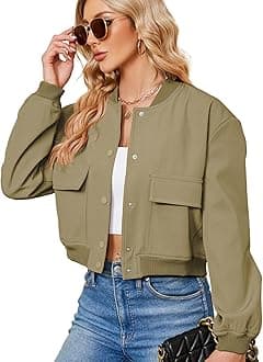 ZandoWomens Bomber Jacket Button Down Short Cropped Jackets Long Sleeve Baseball Varsity Jacket Casual Jackets with Pockets