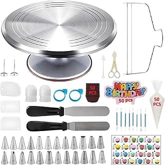 YOQXHY 198 Pcs Cake Decorating Kit,Baking Supplies Tools with Aluminium Cake Turntable, Leveler,24 Numbered Icing Tips,2 Spatulas,3 Scrapers,8 Carved Pens,50 Pastry Bags,50 Cupcake Liners & More