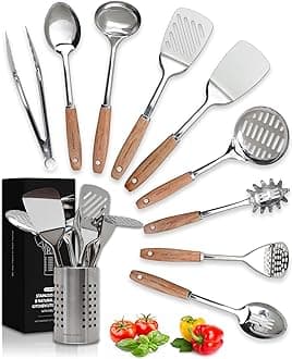 Home Hero Stainless Steel Kitchen Utensils Set - Nonstick Cooking Utensils Set - Heat Resistant Kitchen Essentials & Metal Kitchen Gadgets (10 pcs - Wood and Stainless Steel)