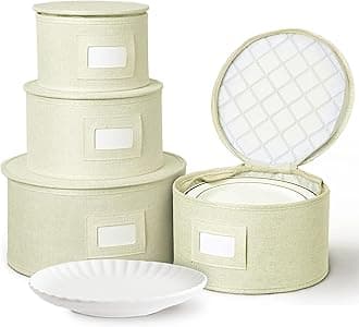 storageLAB China Storage Set, Hard Shell and Stackable, for Dinnerware Storage and Transport, Protects Dishes Cups and Mugs, Felt Plate Dividers Included (Cream, 4 Piece Quilted Set for Plates)