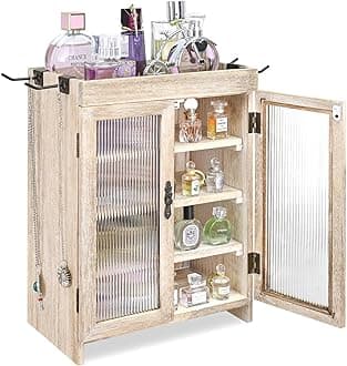 Ikee Design Wooden Countertop Storage Cabinet with Wavy Magnetic Door, Adjustable Shelves, Removable Hooks. Perfect for Perfume, Figurines, and Coffee Cups, Vintage White, 10.4 W x 6.1 D x 14.4 H in