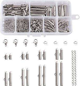 Beadthoven 260pcs 8sizes Stainless Steel Tube Slide On End Clasps with Twist Extender Chains Jump Rings Lobster Claw Clasps Crimp Cord Ends Findings for Jewelry Making 8/10/13/16/20/25/30/35MM