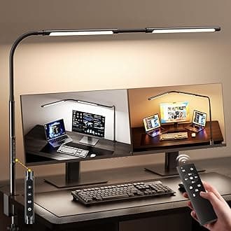 LED Desk Lamp for Home Office, Eye-Caring Desk Light with Adjustable Gooseneck, Dual Screen Computer Monitor Light with Stepless Dimming, Stepless Color Temp, Memory Function for Study, Workbench