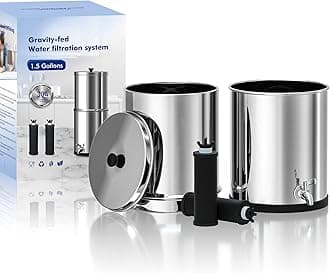 Purewell 1.5G Stainless Steel Countertop Gravity-Fed Water Filter System, NSF/ANSI 42&372 Certification, Reduces up to 99% of Chlorine,2 Black Purification Elements, for Home, RVing, Camping, Outdoor