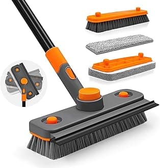 JEHONN 4-in-1 Bathroom Tile Tub Scrubber with Long Handle, Upgraded Shower Cleaning Brush with Squeegee, 3 Different Function Scrub Brush Attachments Head for Bath, Bathtub, Floor, Wall, Baseboard