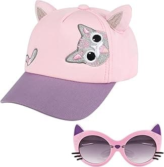 Hifot Girls Baseball Cap Kids Sunglasses Set,Adjustable Sun Hat Sequin Cat Ear Hat Cute Toddler Cap for Girls Ages 3-10Y(Pink)