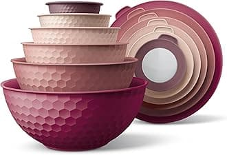 COOK WITH COLOR Mixing Bowls with Lids - 12 Piece Plastic Nesting Bowls Set includes 6 Prep Bowls and 6 Lids, Microwave Safe Mixing Bowl Set, Rose Embossed
