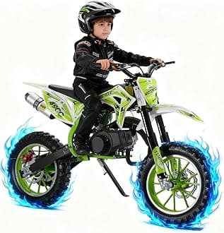 Upgrade 50cc Kids Dirt Bike, 2-Stroke Gas Powered Dirt Bike with Dual Disc Brakes Reinforced Chain Guard & Anti-Slip Tires Mini Dirtbike for Kids 8-14 40KM/H 150kg Load Green