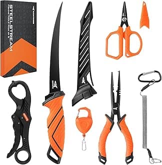 SteelStream 6pc Fishing Tool Kit - Corrosion Resistant Fishing Pliers with Lanyard, Fillet Knife, Floating Fish Lip Gripper, Fishing Braid Scissors, Tool Retractor, Fishing Gifts for Men