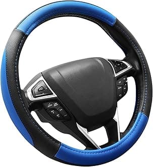 Car Steering Wheel Cover Universal Standard Size 14.5-15 inch, Black and Blue Microfiber Leather