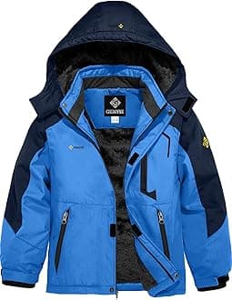 GEMYSE Boy's Winter Waterproof Ski Jacket Mountain Windproof Fleece Coat with Hood (SkyBlue Navy,10-12Years,10/12)