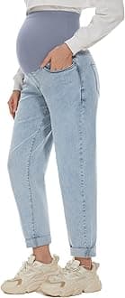 Women's Maternity Boyfriend Jeans Over Belly Stretch Comfy Loose Casual Denim Pants with Pockets for Everyday Wear