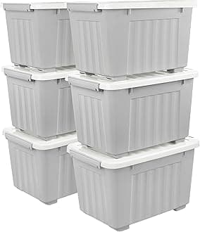 Cetomo35L*6 Plastic Storage Box,Gray, Tote box, Organizing Container with Durable Lid and Secure Latching Buckles, Stackable and Nestable, 6Pack, with Buckle