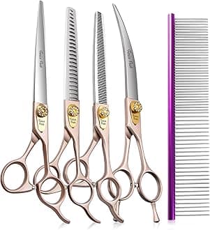 7‘’ Professional Dog Grooming Scissors Set Rose Gold 440C Stainless Steel Straight Thinning Curved Chunker Shears 4pcs Set for Pet Grooming Services Dogs and Cats
