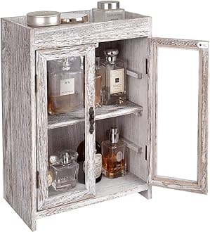 Ikee Design Wooden Countertop Storage Cabinet. Customizable Organizer with Adjustable Shelves, Glass Window Door and Removable Metal Hook. Perfect for Kitchen, Vanity, or Bathroom. Antique White