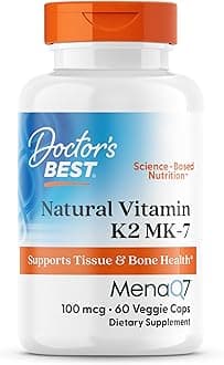 Doctor's Best Natural Vitamin K2 MK7 Supplement for Men & Women - Bone Health Support, 100 mcg Vitamin K-2 MK-7 Capsules with MenaQ7, Calcium Support, Non GMO, Vegan - 60 Veg Caps