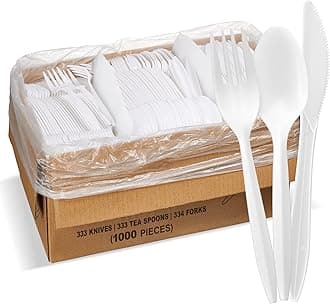 1,000 Plastic Cutlery Bulk Variety Pack White Medium Weight Includes 334 forks, 333 knives, 333 soup spoons, Silverware Plastic Cutlery