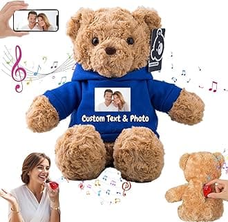 – Personalised Teddy Bear with Voice Recording for Kids Adults, Personalised Gifts Bear with Bow Plush Toys with Text+Photo as Customised Gift for Valentines Christmas (11 inch-Text+Photo)
