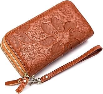 SWP RFID Blocking Women’s Leather Wallet, Double Zipper Smartphone Pocket, Embossed Flower with Credit Card Holder, Cash Slots Large Capacity Clutch Wristlet (Brown)