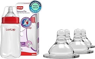 Luvlap Anti-Colic Natura Flo Teat/Nipple for Wide Neck Bottle, 4pcs, Fast Flow, 6m+ & LuvLap Anti-Colic Wide Neck Natura Flo Baby Feeding Bottle, 250ml, New Born/Infants/Toddler Upto 3 Years, BPA Free